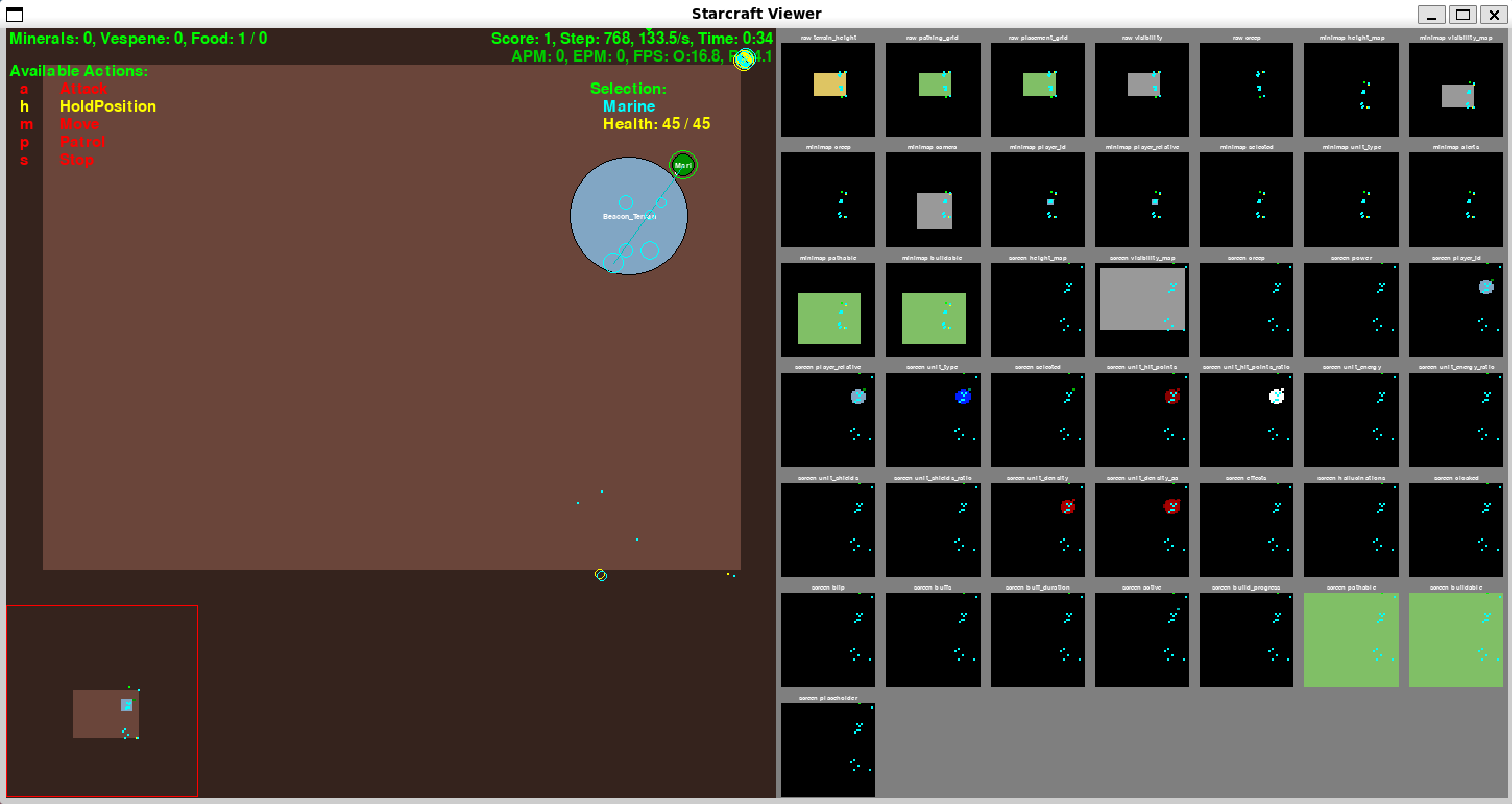 PyGame visualization showing the three observation layers: feature_screen, feature_minimap, and flat features